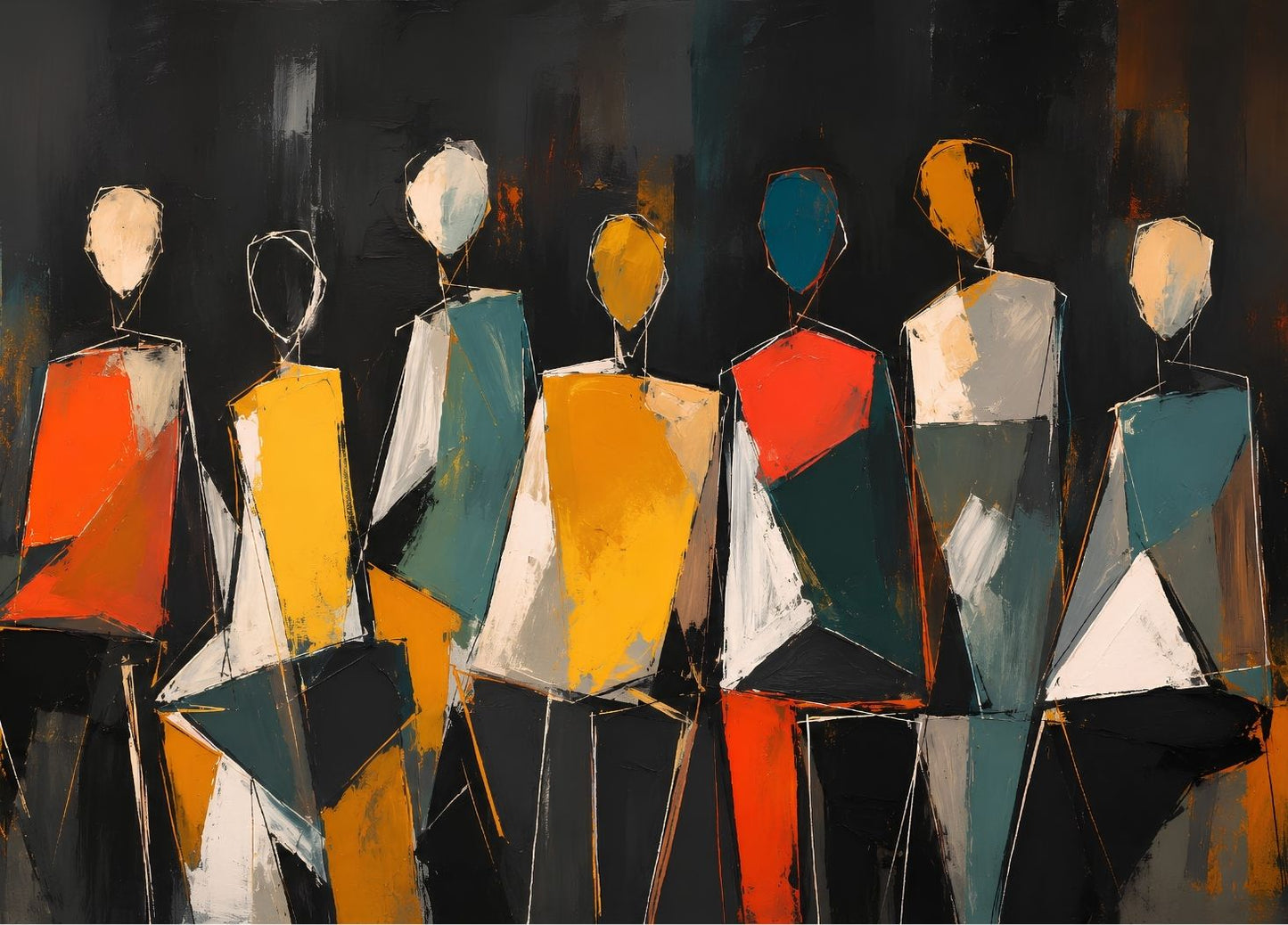 Tableau contemporain horizontal design aux personnages minimalistes
