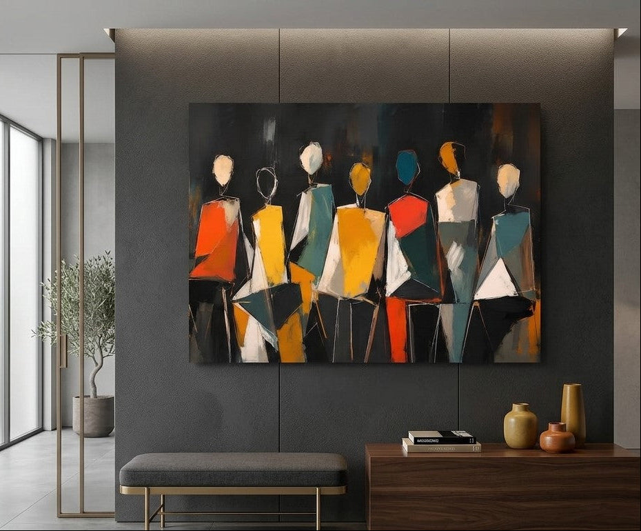 Tableau contemporain horizontal design aux personnages minimalistes
