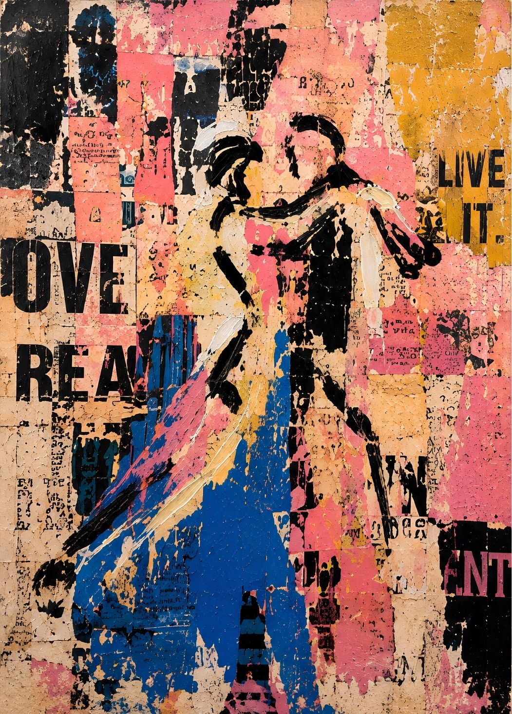 Tableau figuratif contemporain représentant un couple sur un collage street art rose, beige, bleu et noir aux textures déchirées
