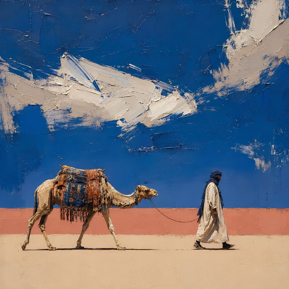 Tableau figuratif contemporain Traversée Bleue avec voyageur et dromadaire
