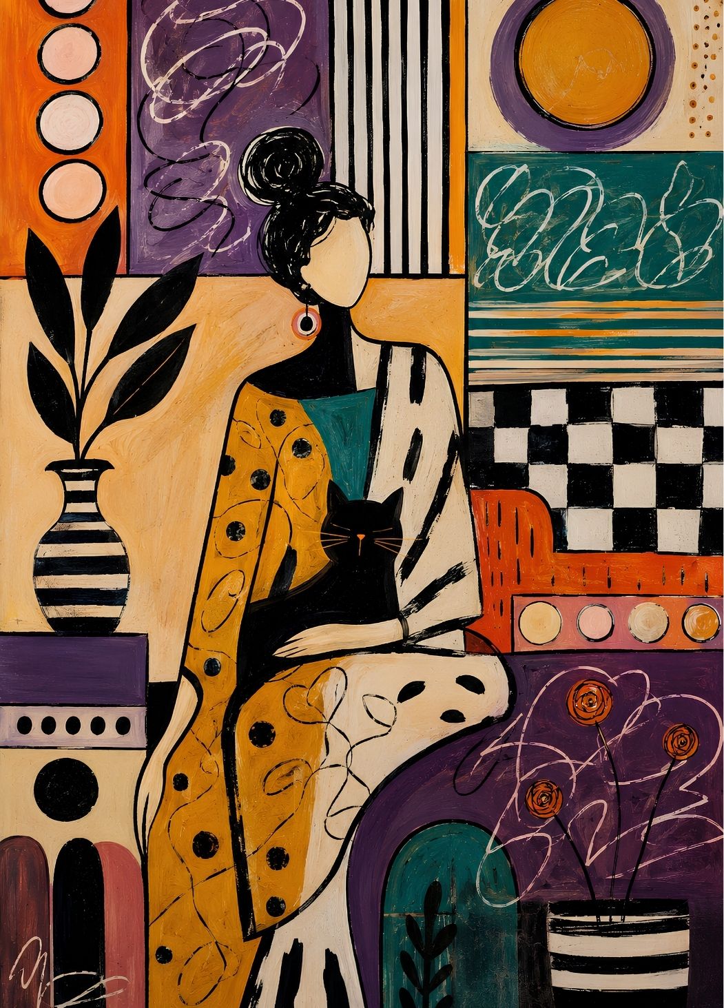 Tableau figuratif contemporain représentant une femme tenant un chat noir dans un décor graphique ocre, violet, vert et orange
