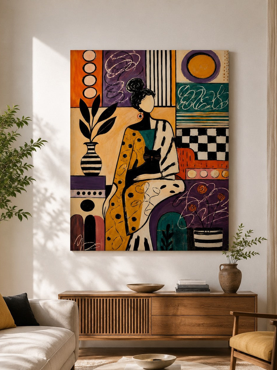 Tableau figuratif femme avec chat présenté dans un salon moderne aux tonalités naturelles et aux détails graphiques
