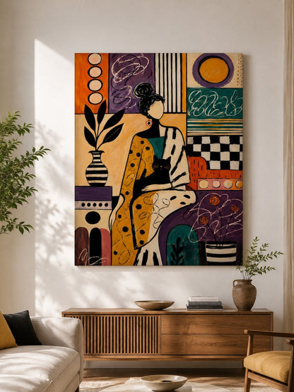 Tableau figuratif femme avec chat présenté dans un salon moderne aux tonalités naturelles et aux détails graphiques
