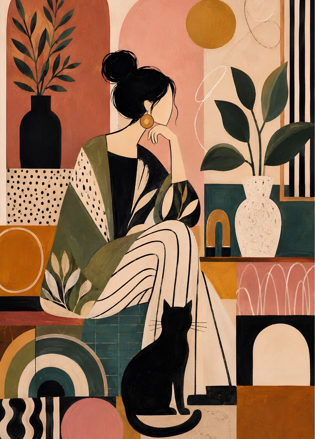 Tableau figuratif contemporain représentant une femme assise avec un chat noir dans un décor terracotta, vert, beige et ocre
