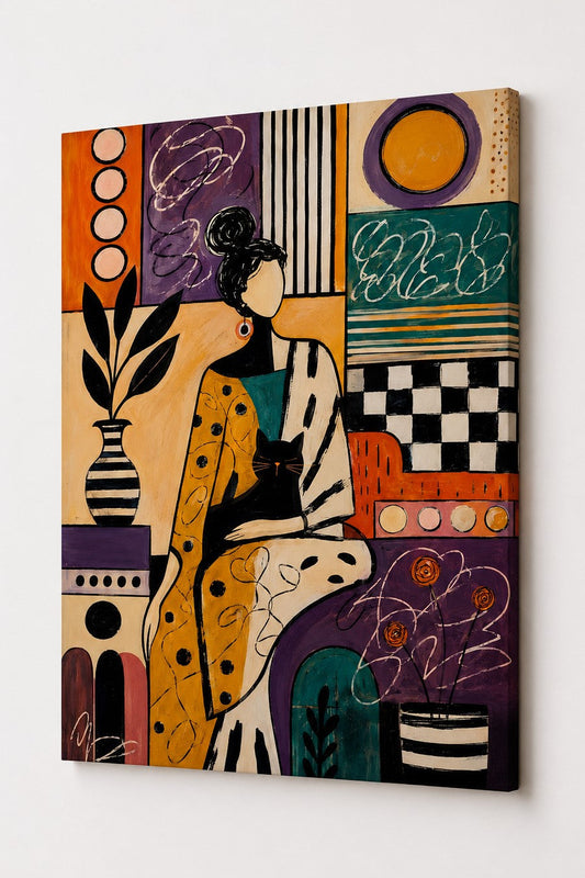 Tableau figuratif femme avec chat vu de profil avec composition graphique contemporaine et couleurs chaleureuses
