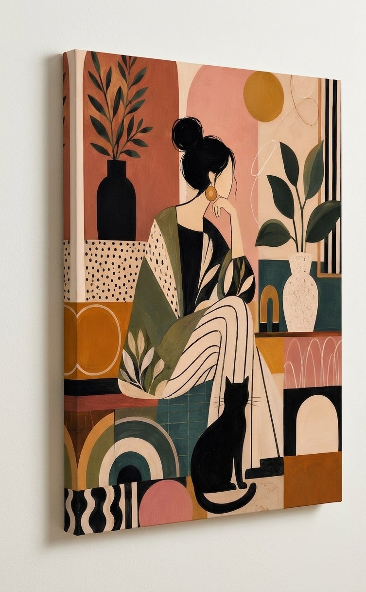 Tableau figuratif femme avec chat vu de profil sur son support avec composition contemporaine aux tons naturels
