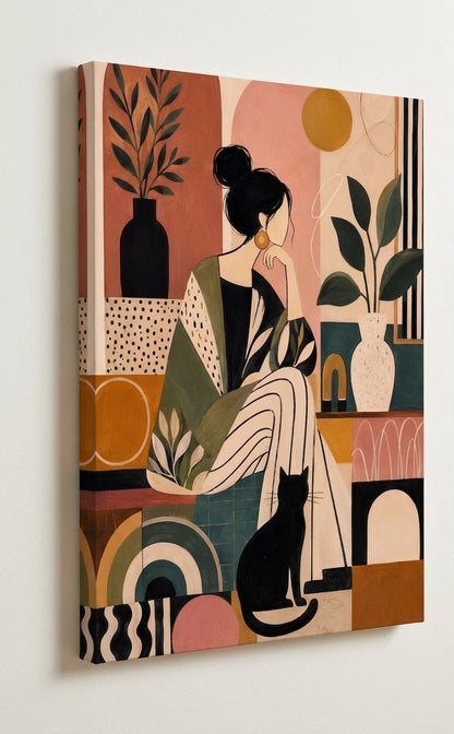 Tableau figuratif femme avec chat vu de profil sur son support avec composition contemporaine aux tons naturels
