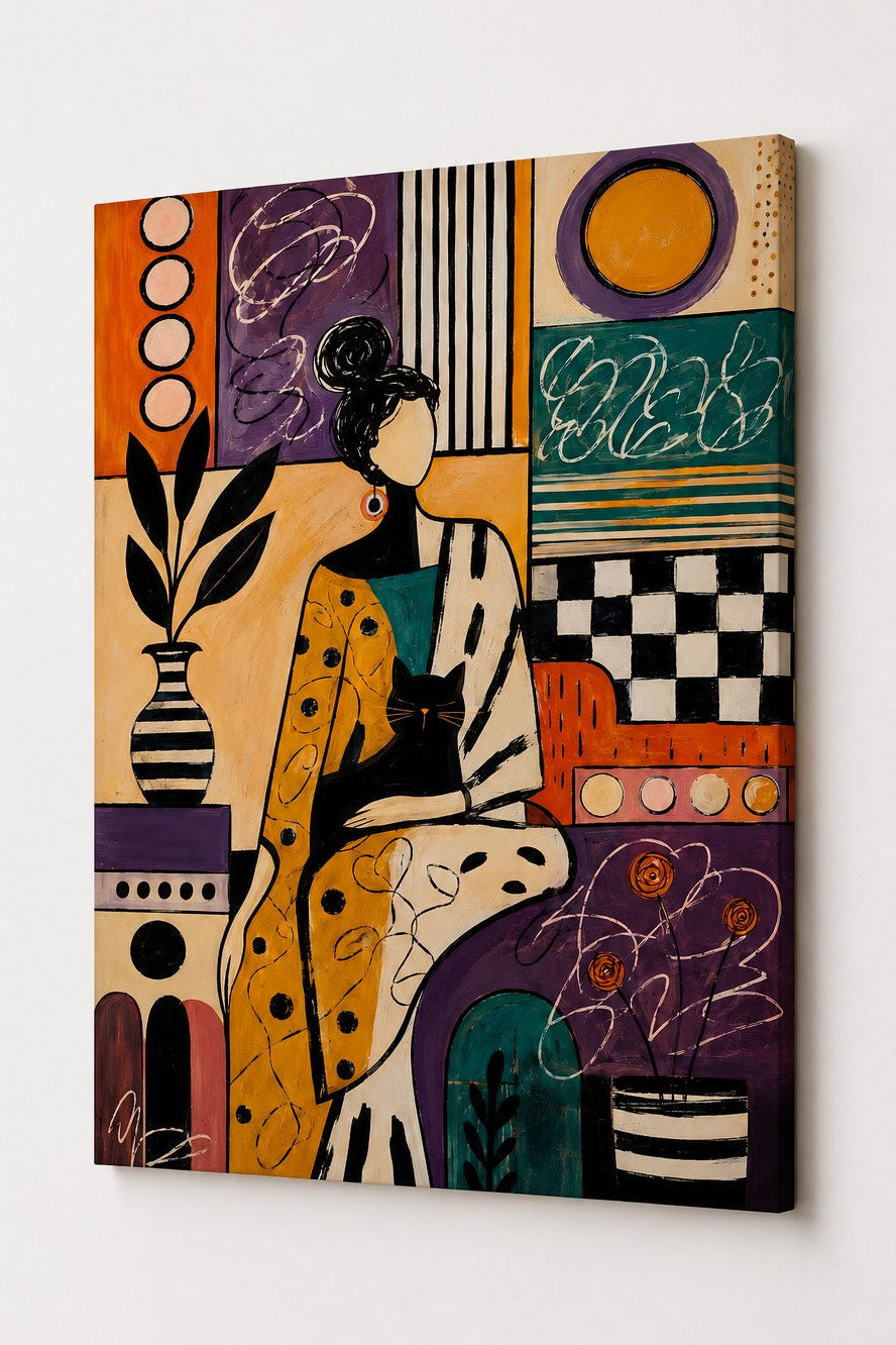Tableau figuratif femme avec chat vu de profil avec composition graphique contemporaine et couleurs chaleureuses
