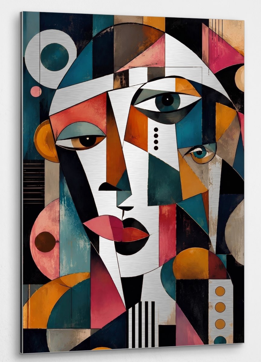 Tableau figuratif géométrique sur aluminium aux lignes graphiques et couleurs profondes
