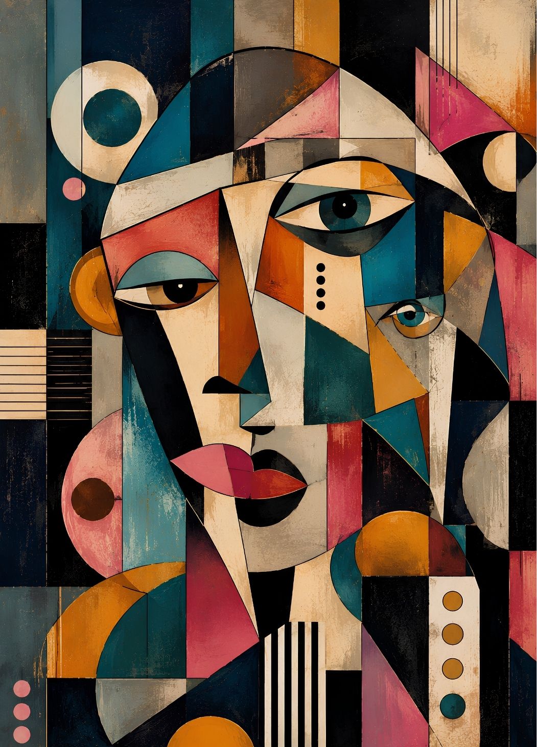 Tableau figuratif géométrique représentant deux visages imbriqués aux couleurs bleu, rose, ocre et noir
