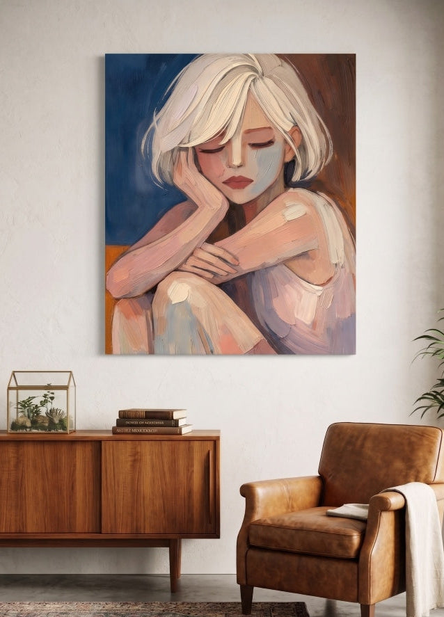 Décoration murale portrait femme moderne dans un style figuratif contemporain pastel
