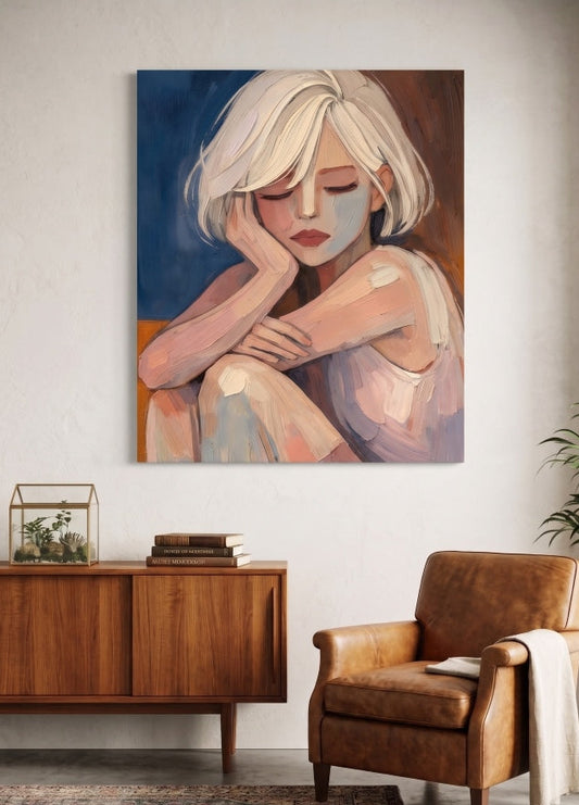 Décoration murale portrait femme moderne dans un style figuratif contemporain pastel
