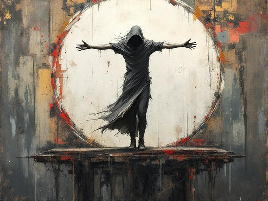 Tableau figuration contemporaine avec figure humaine symbolique bras ouverts
