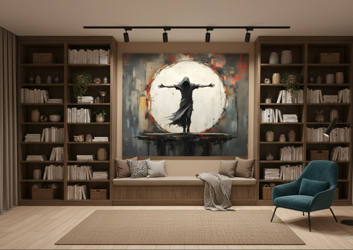 Tableau figuration contemporaine accroché sur un mur déco

