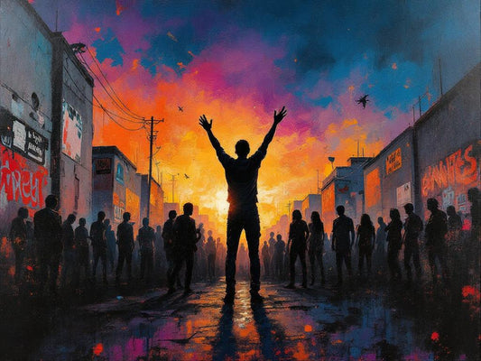 Tableau figuration contemporaine avec silhouette centrale et scène collective
