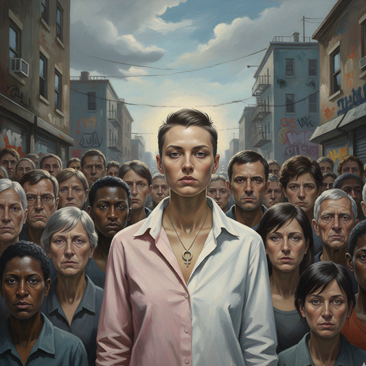 Tableau de figuration contemporaine montrant une femme debout face à une foule urbaine
