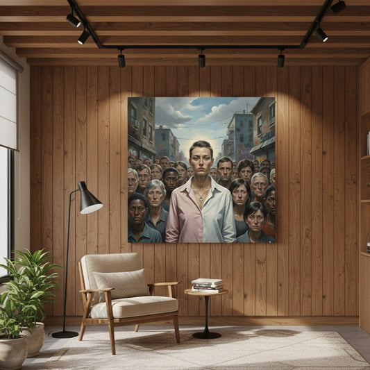 Tableau de figuration contemporaine en situation dans un intérieur contemporain
