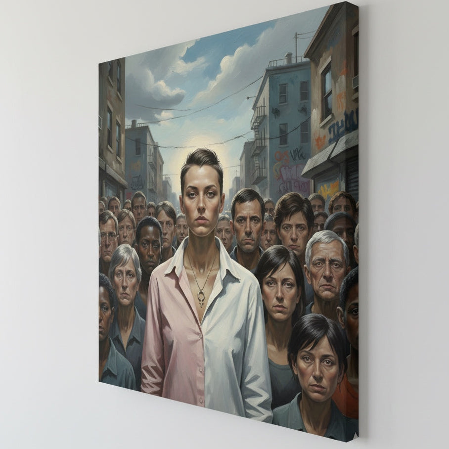 Vue de profil sur toile du tableau de figuration contemporaine femme et foule
