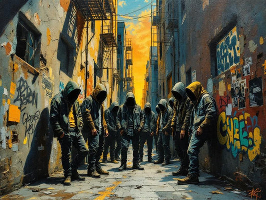 Tableau figuration contemporaine scène urbaine collective
