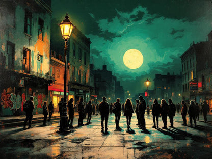 Tableau figuration contemporaine scène nocturne urbaine
