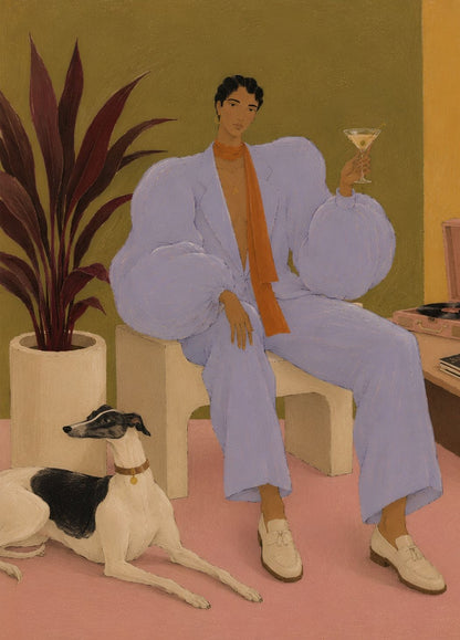 Tableau Velvet Hour en pleine page et gros plan représentant une femme élégante accompagnée d’un lévrier
