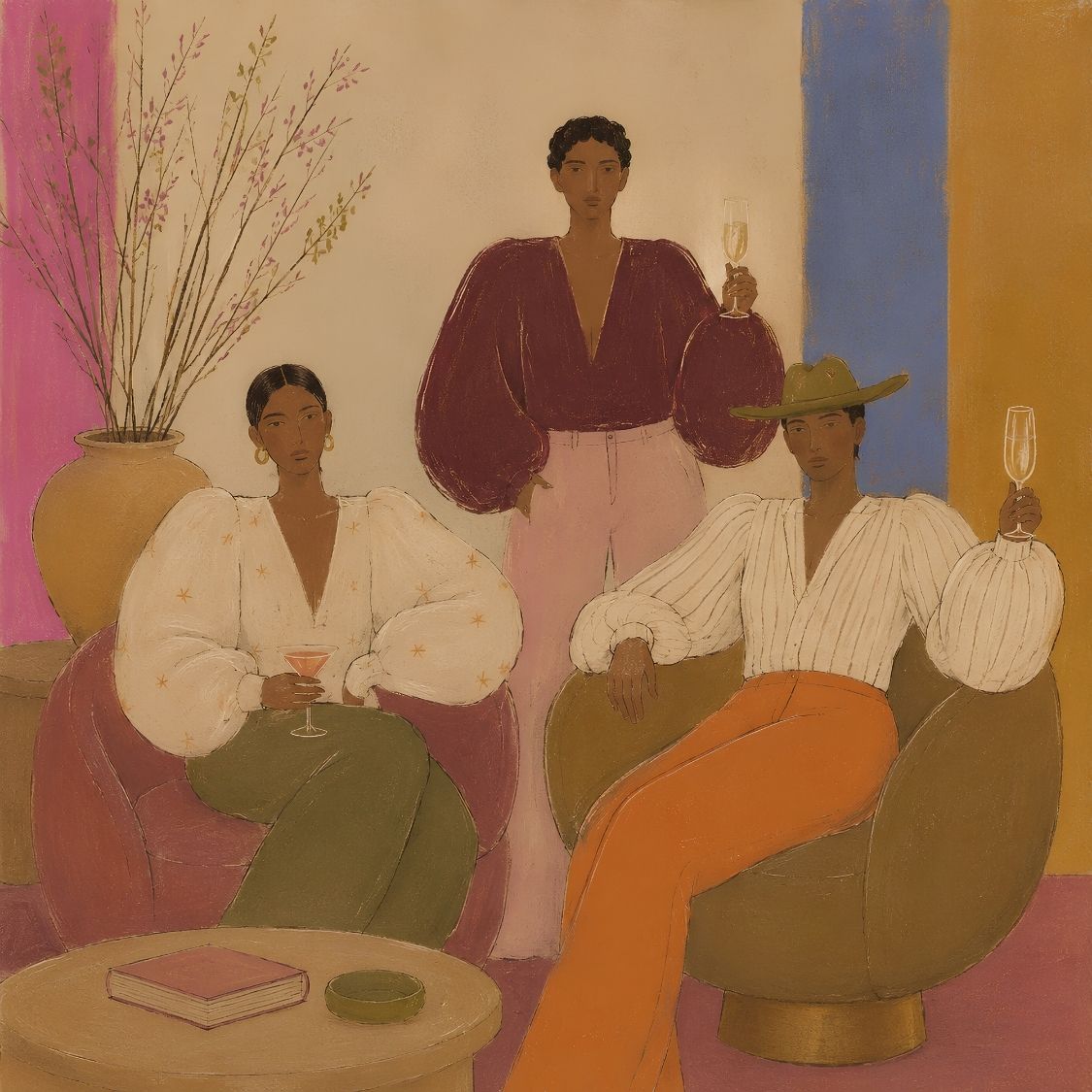 Tableau After Hours en pleine page et gros plan représentant trois femmes dans un intérieur contemporain
