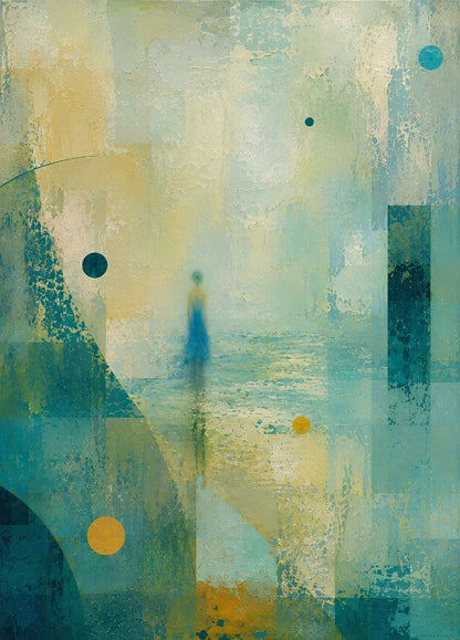 Tableau figuration moderne vert avec silhouette féminine dans un paysage abstrait
