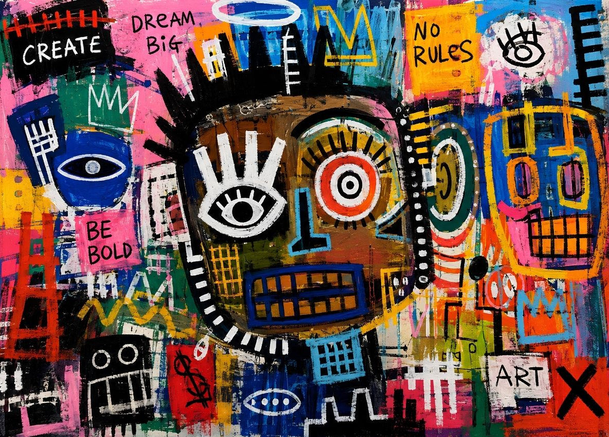 Tableau No Rules en pleine page et gros plan avec visages contemporains, symboles et couleurs intenses
