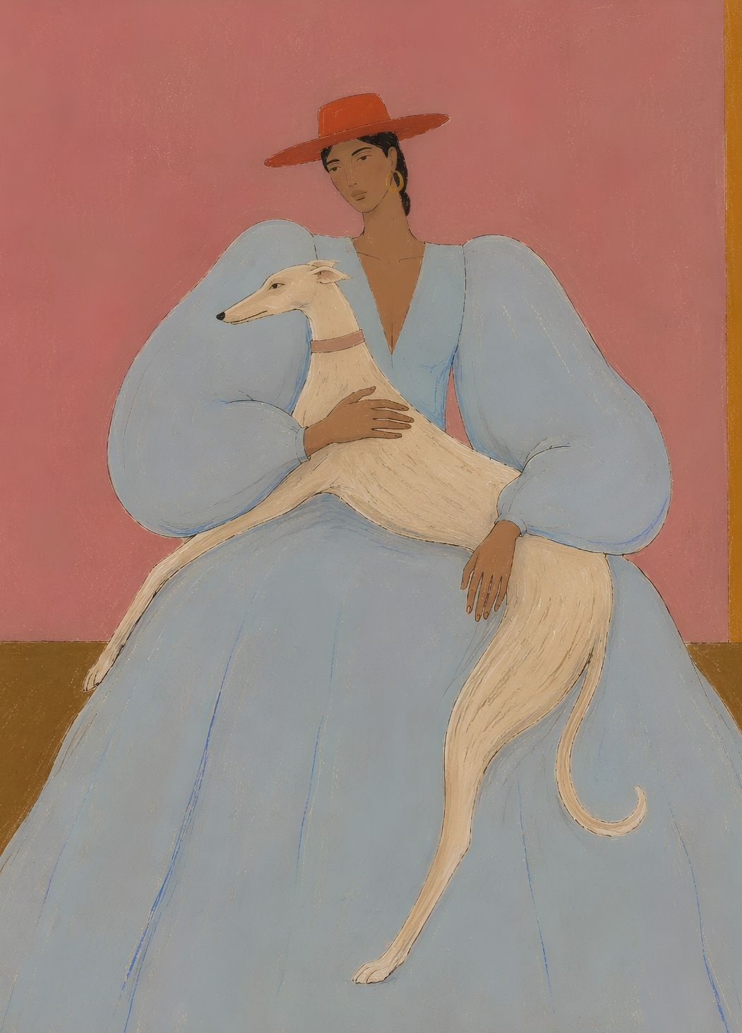 Tableau Quiet Bond en pleine page et gros plan représentant une femme en robe bleue accompagnée d’un lévrier
