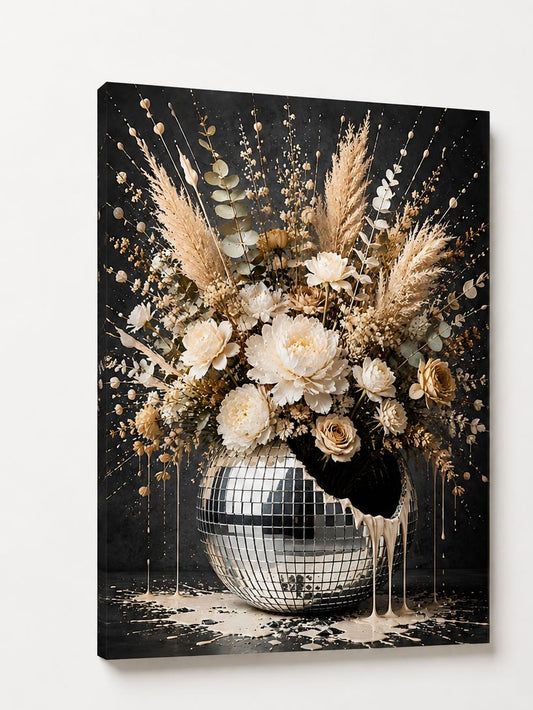 Tableau fleurs beiges avec pampas, eucalyptus et fleurs blanches sur fond anthracite
