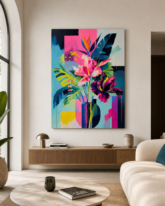 Tableau floral coloré Tropical Pulse accroché au mur dans un salon contemporain
