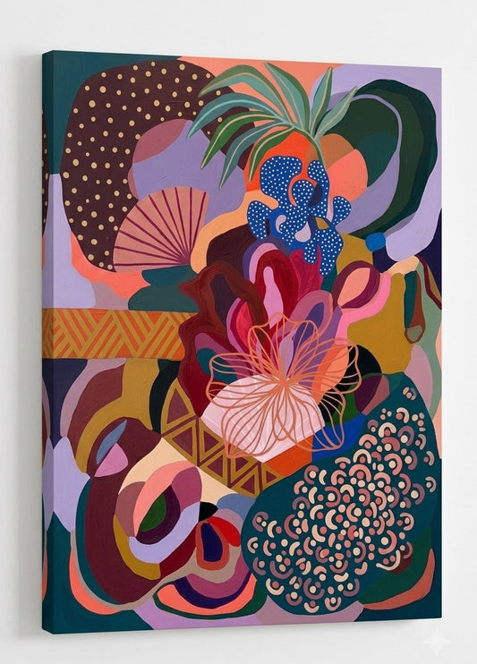 Composition florale contemporaine colorée avec motifs organiques et esthétique décorative moderne

