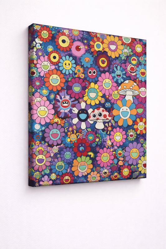 Vue de profil du tableau Fleurs Pop sur toile châssis, détails des couleurs vives et impression haute qualité.
