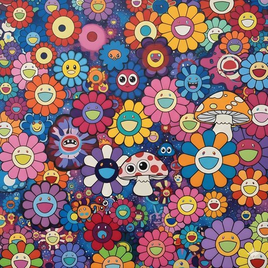 Tableau fleurs pop art multicolores souriantes, création exclusive Iconik-Art.
