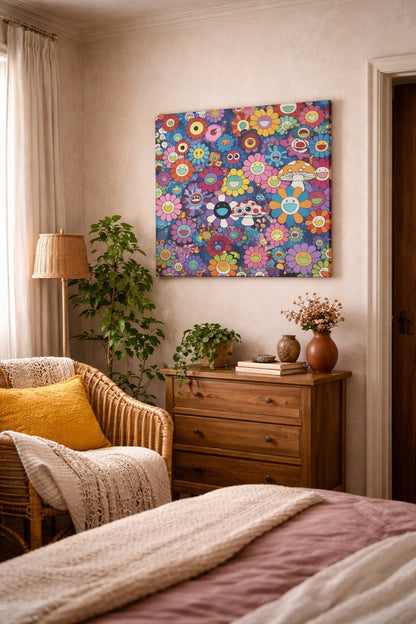 Tableau Fleurs Pop accroché dans un salon moderne, décoration murale colorée et contemporaine.
