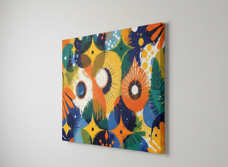 Tableau contemporain floral abstrait aux formes circulaires dynamiques et feuillages stylisés, esprit arty moderne.
