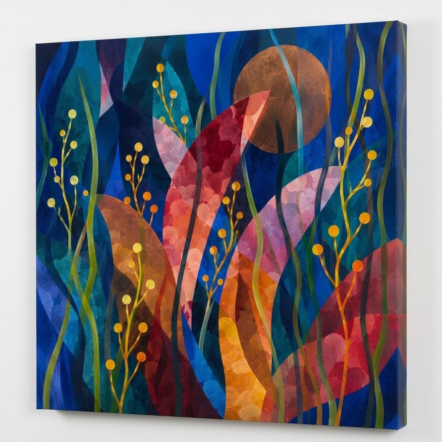Composition florale abstraite moderne mêlant transparences colorées et formes organiques raffinées
