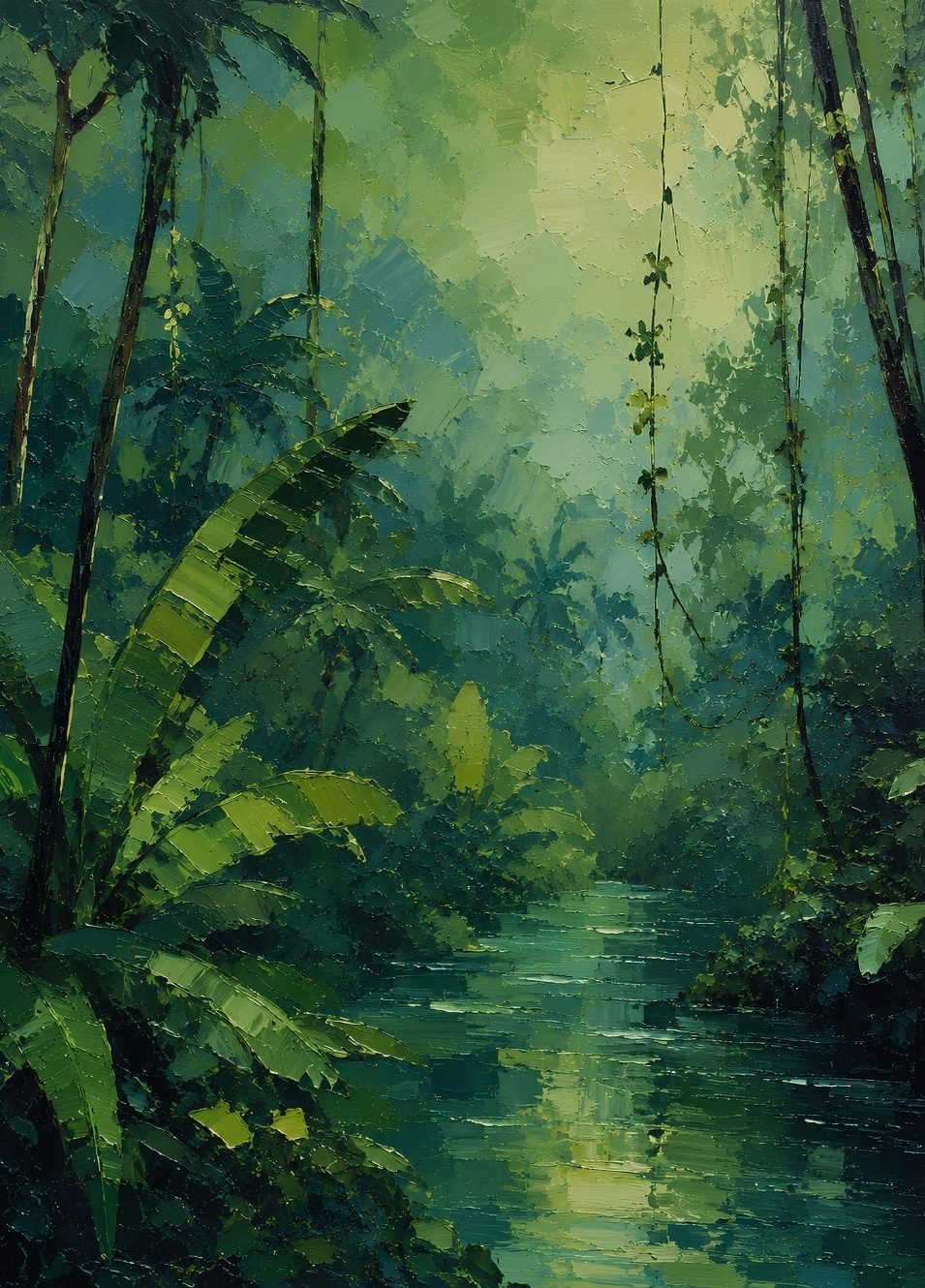 Forêt tropicale luxuriante traversée par une rivière paisible dans une ambiance végétale immersive
