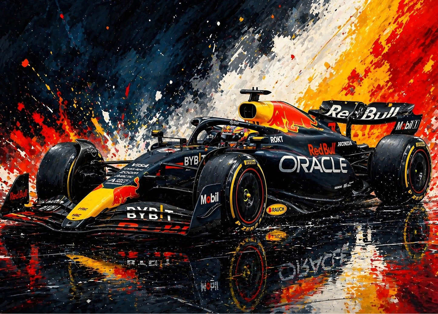 Tableau Formule 1 Red Bull Racing avec explosion de couleurs et monoplace moderne dynamique
