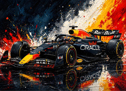 Tableau Formule 1 Red Bull Racing avec explosion de couleurs et monoplace moderne dynamique
