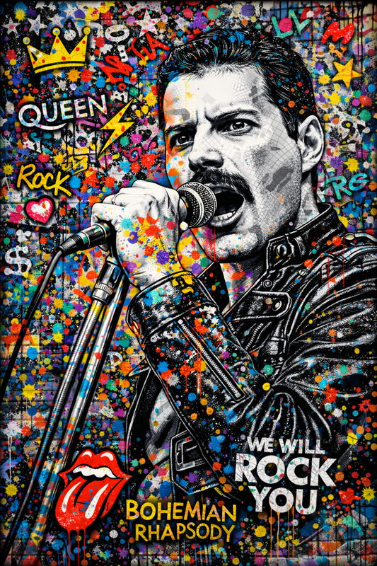Portrait pop art de Freddie Mercury chantant sur scène
