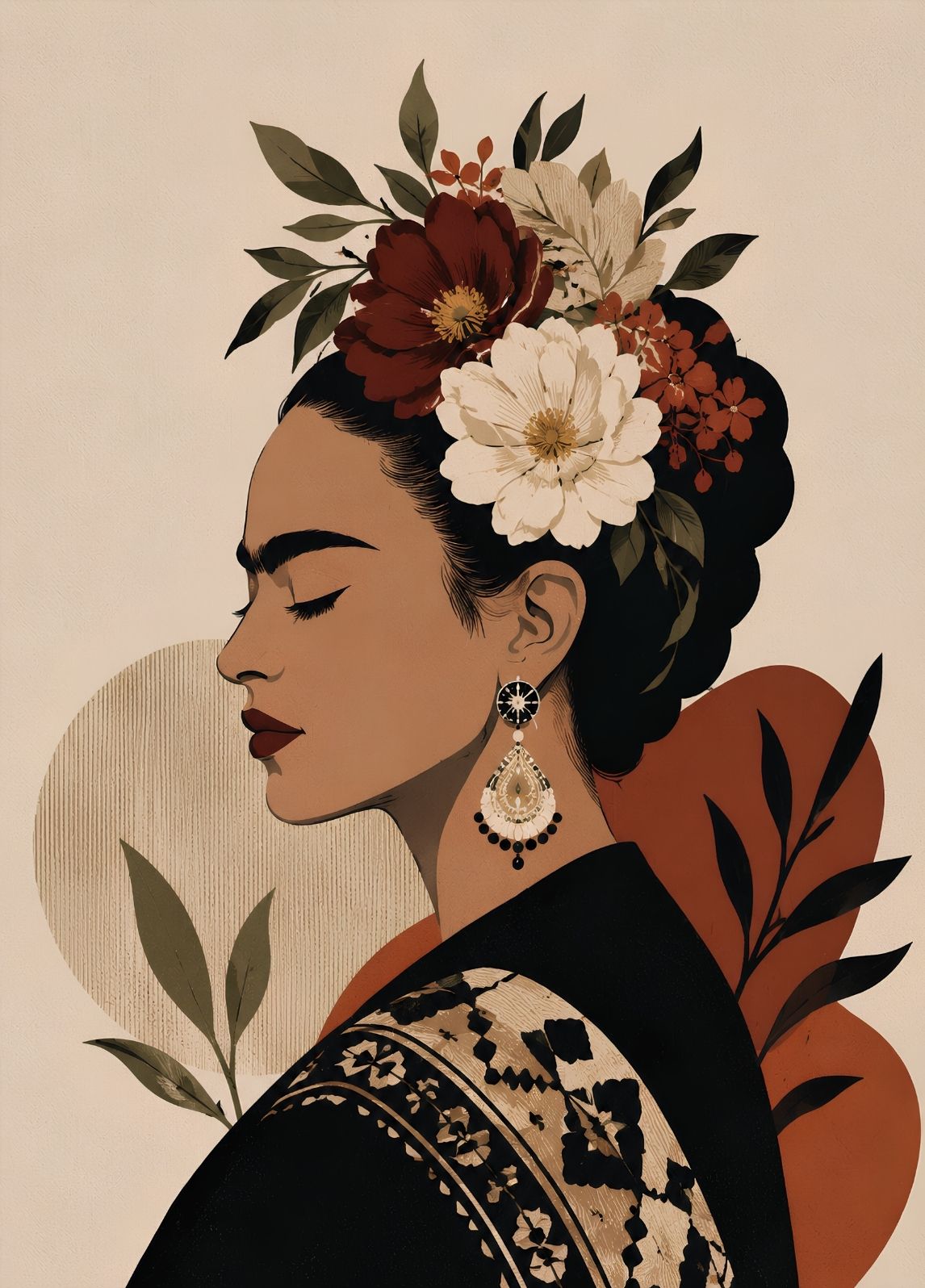 Portrait Frida Kahlo de profil en pleine page avec couronne de fleurs, tons beige et terracotta

