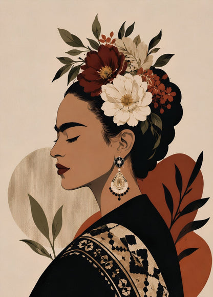 Portrait Frida Kahlo de profil en pleine page avec couronne de fleurs, tons beige et terracotta
