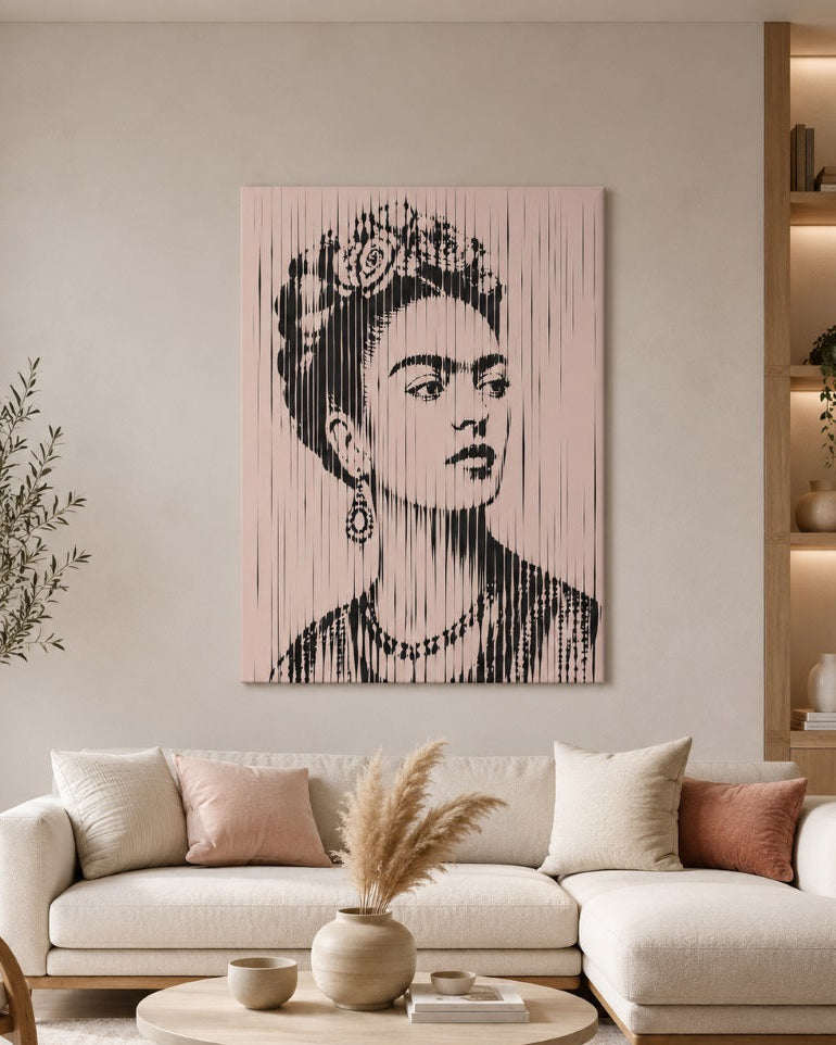 Portrait abstrait Frida Kahlo beige rosé avec lignes graphiques noires dans un style contemporain élégant et minimaliste
