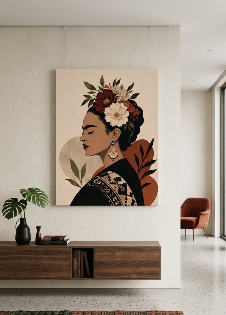 Tableau Frida Kahlo floral présenté en situation dans un salon contemporain
