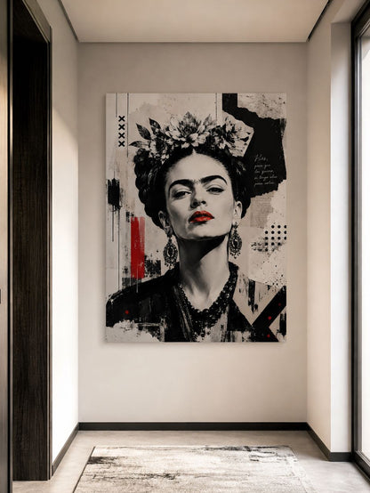 Portrait Frida Kahlo noir et blanc avec touches rouges présenté dans un salon contemporain
