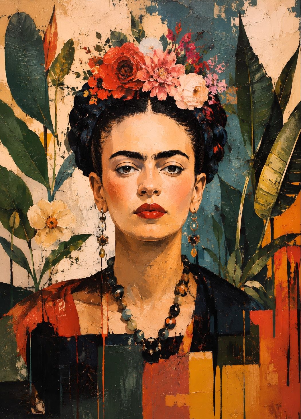 Portrait de Frida Kahlo fleuri en pleine page aux teintes terracotta, vertes et orangées
