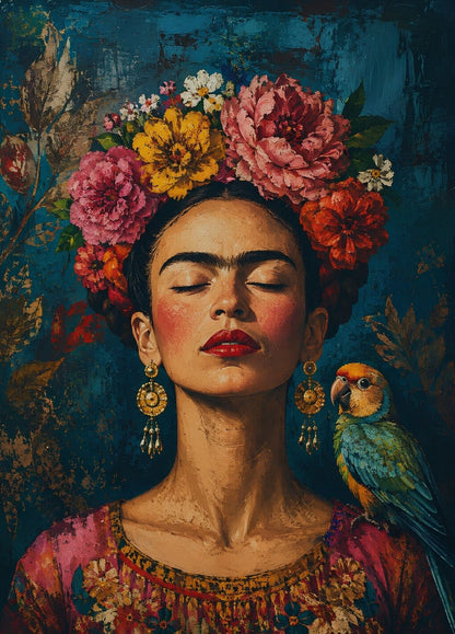 Portrait Frida Kahlo en pleine page avec couronne de fleurs colorées et perroquet sur fond bleu profond
