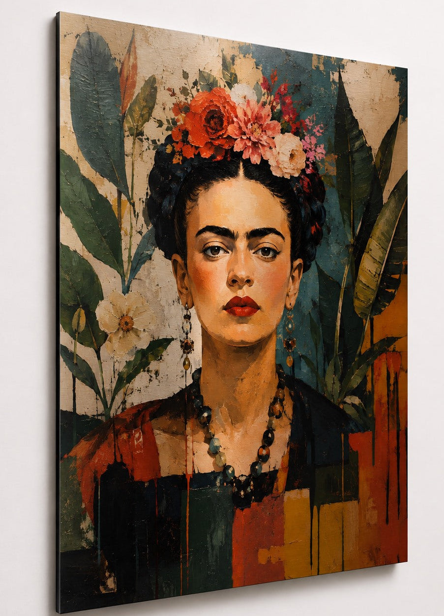 Tableau Frida Kahlo en aluminium avec portrait floral aux couleurs chaudes et végétales
