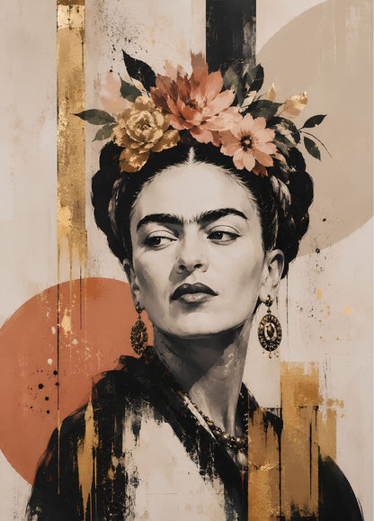 Portrait artistique de Frida Kahlo en gros plan dans des nuances beige, terracotta et noir
